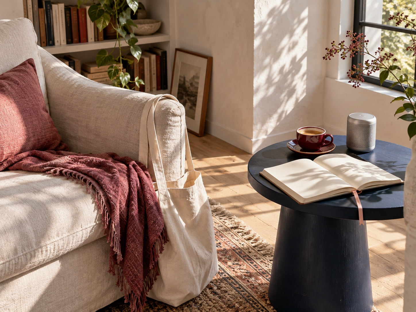 A sunlit reading corner with a canvas bag, berry scarf, notebook, cup and compact speaker